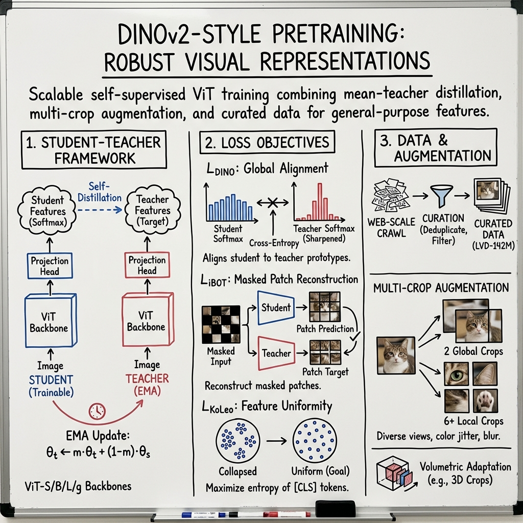 DINOv2 — Self-distillation: Teacher-Student + Sinkhorn + KoLeo → SOTA features